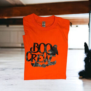 BOO CREW HALLOWEEN TEE|‎ UNISEX MEDIUM |ORANGE BLACK |SPOOKY BAT GHOST